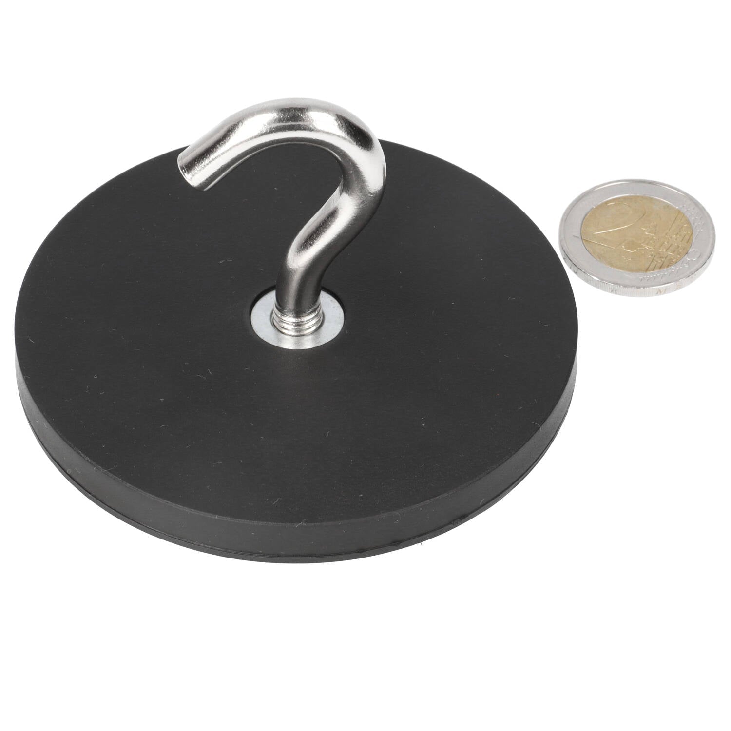 Neodymium Haakmagneet Ø 88 x 8 mm N40 stalen pot Rubber ommantelde magneten M8 - Magnetenspecialist Import & Export B.V.