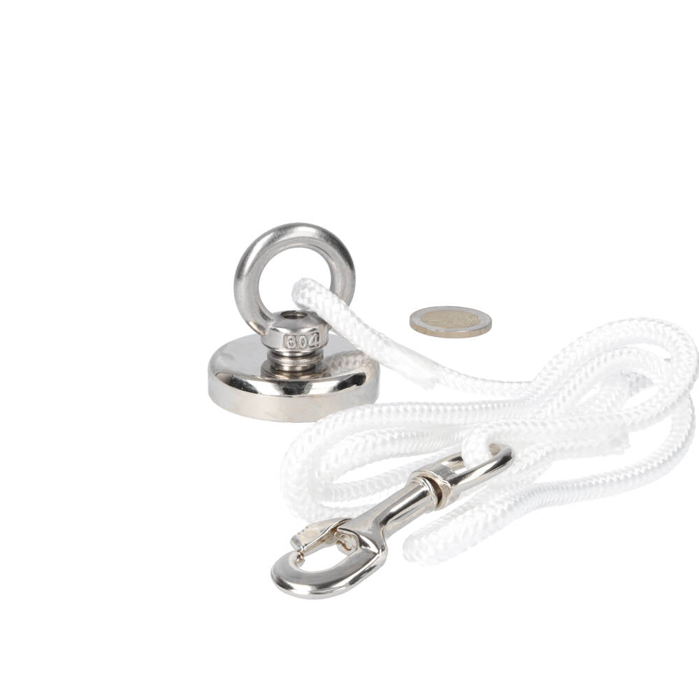 Neodymium Vismagneet Ø48 x 10 mm 88 kg Trekkracht NiCuNi – Starterset met 16 m Touw, Oogmoer en Bout - Magnetenspecialist Import & Export B.V.