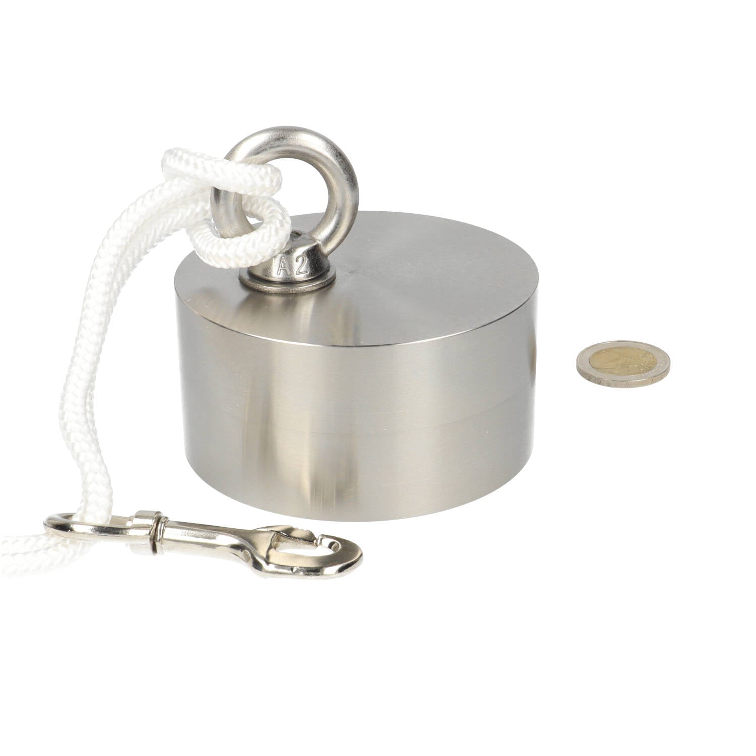 Neodymium Vismagneet Ø90 x 45 mm 360 kg Trekkracht NiCuNi – Set met 25 m Touw, Oogmoer, Bout en Musketon - Magnetenspecialist Import & Export B.V.